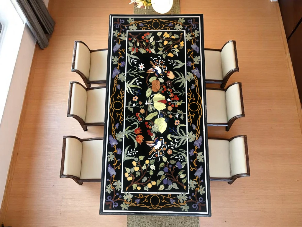 Luxury Dining Table Black Marble Top Semi Precious Pietradura Art Decor